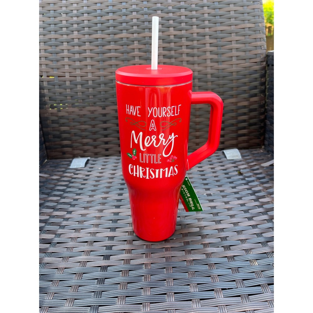 Sleigh Bell Bistro Red Christmas Tumbler With Handle & Straw 31oz‎ New